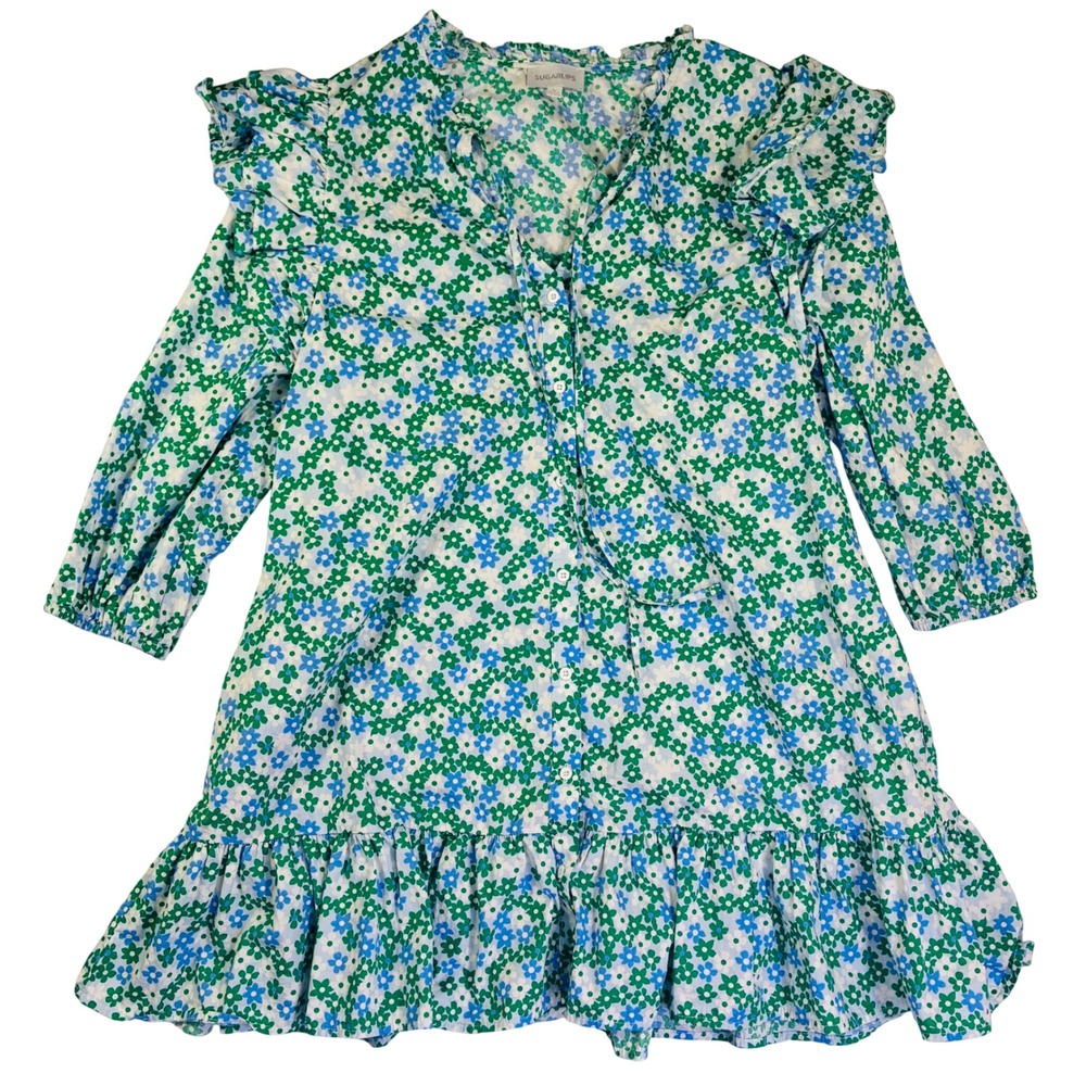 Sugarlips Green Blue Floral Ruffle Mini Dress Button Front Size M